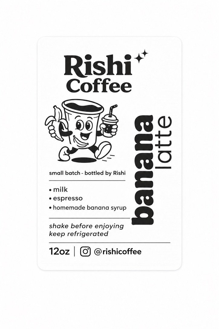 The Rishi Coffee banana latte label