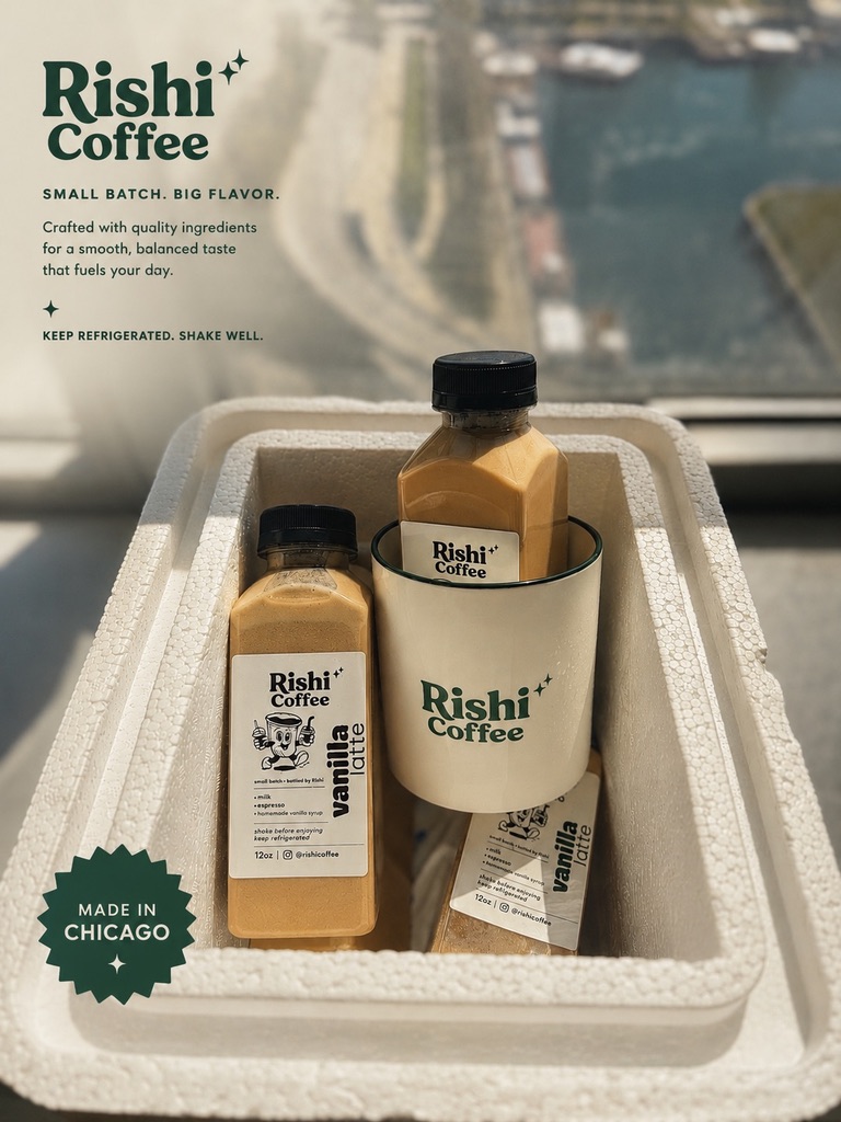 Rishi Coffee bottles packed in an insulated cooler with a branded cup