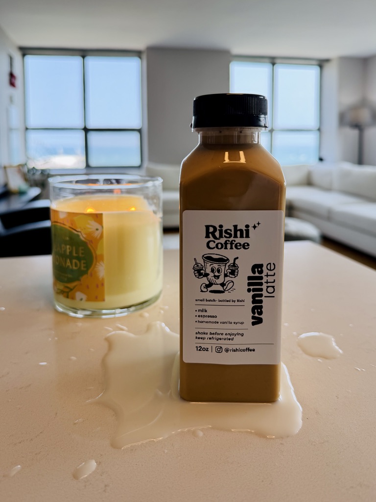 A single bottle of Rishi Coffee vanilla latte on a kitchen counter